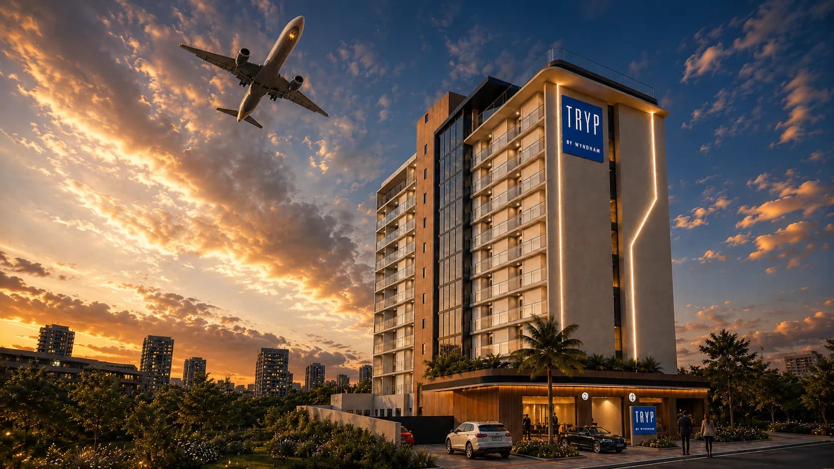 TRYP by Wyndham Skyline Indaiatuba ao entardecer, com avião sobrevoando