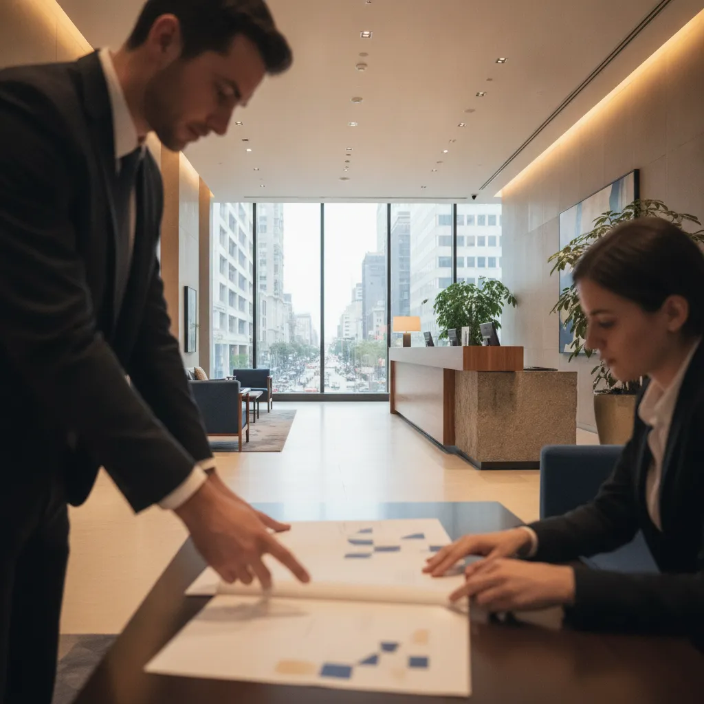 Lobby moderno de hotel com profissionais analisando documentos em ambiente corporativo iluminado