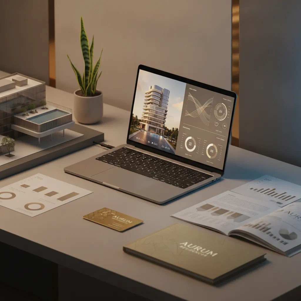 Escritório profissional com laptop, documentos imobiliários, modelo de hotel e chaves, representando investimento estruturado em real estate