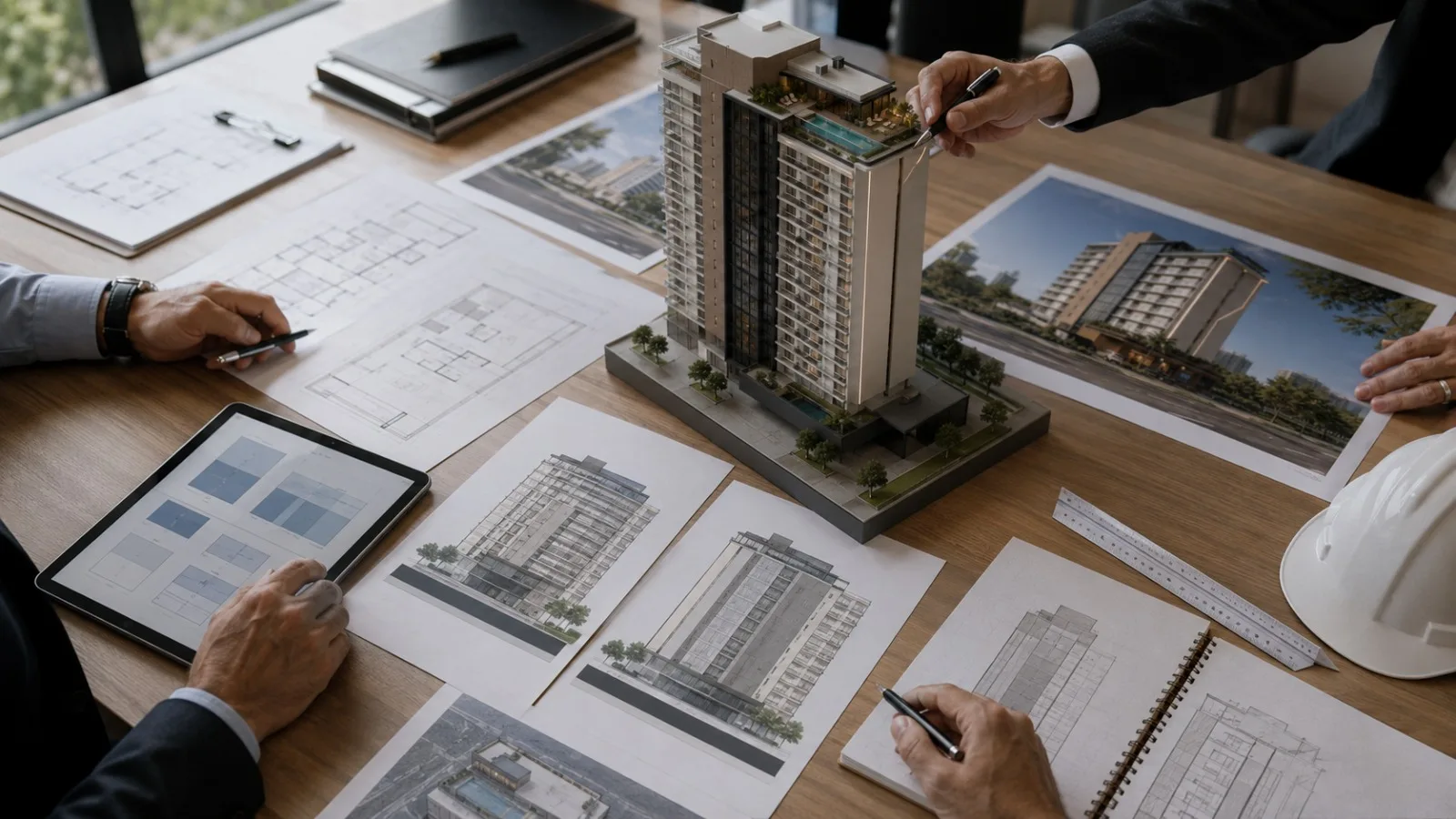 Mesa de reunião com plantas arquitetônicas e maquete — análise de empreendimento hoteleiro