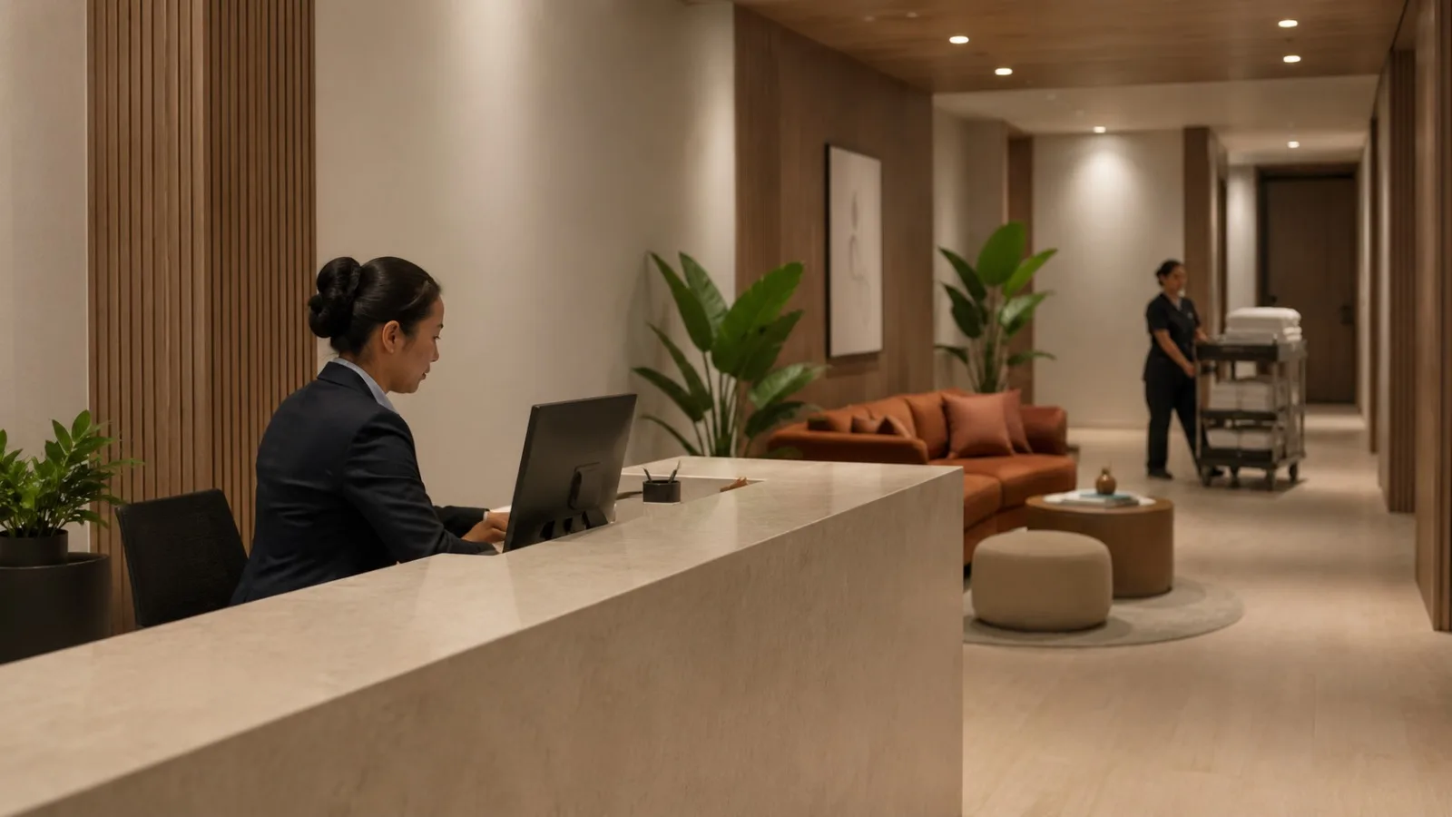 Recepção de hotel de alto padrão em operação — operação hoteleira profissional